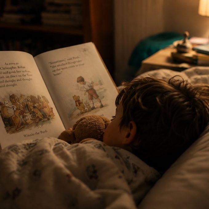 A child reading a bedtime story under warm lamplight