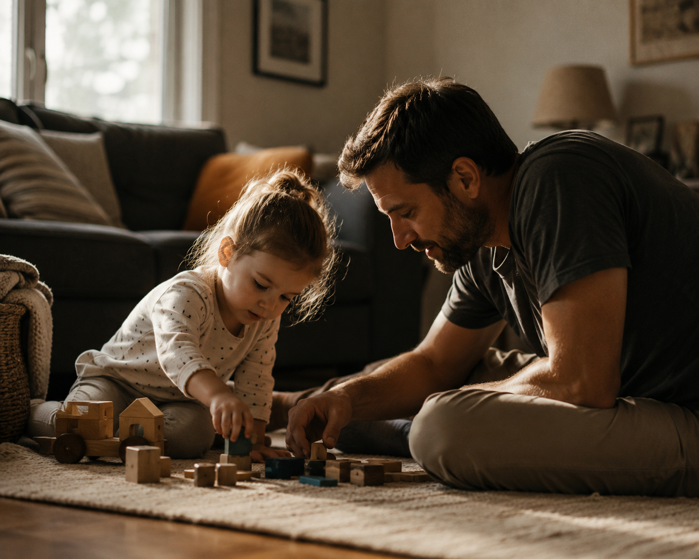 A dad and his daughter building with wooden blocks on the living room floor