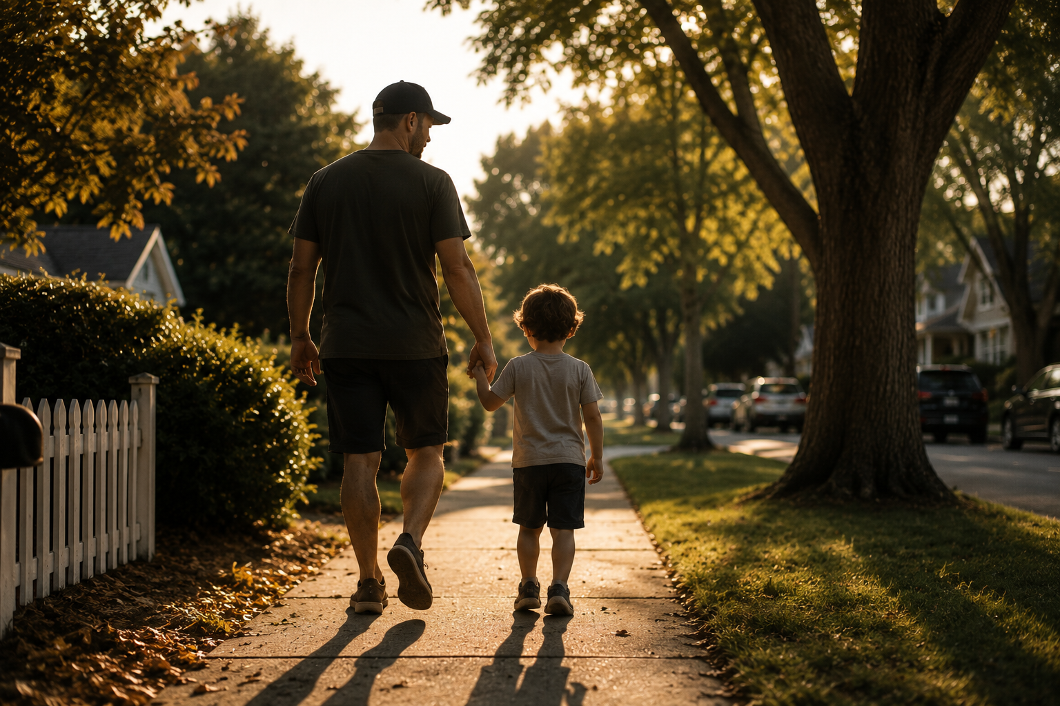 A father and his son walking home hand in hand in evening light