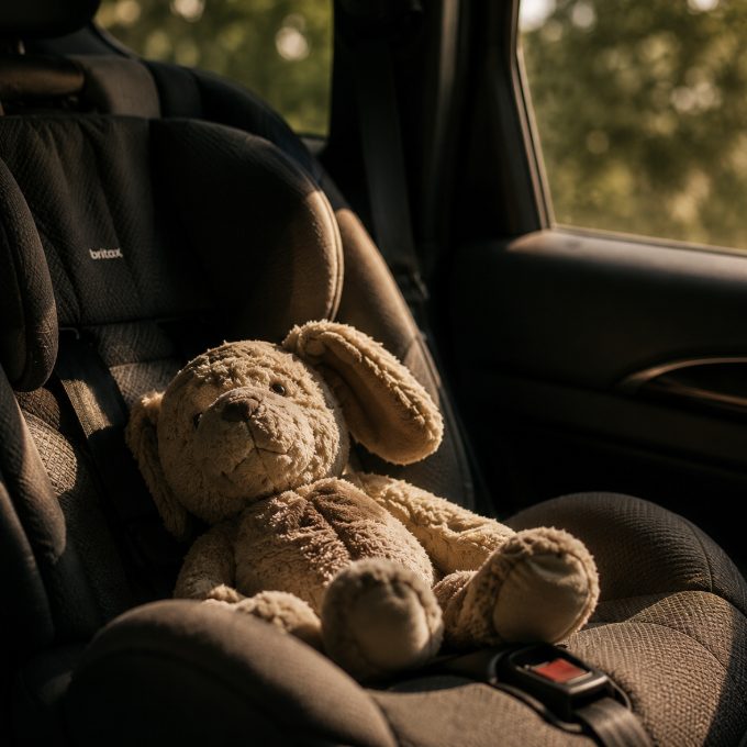 A stuffed animal left in a car seat